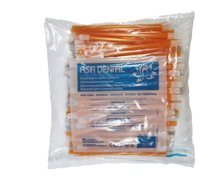 Слюноотсосы Blossom без фталатов, оранжевые, d=6,5 мм дл.15 см, со съемным колпачком  (Уп:100шт, ТК:10 уп) / Asa Dental